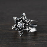 S925 Sterling Silver Vintage Thai Silver Ring for Men Hexagram Star Pattern Retro Punk Rock Style Exaggerated Big Ring