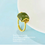 Wholesale Silver Jewelry S925 Sterling Silver Gilt Ethnic Style Natural Hetian Jade Wishful Open Ring Women Ring