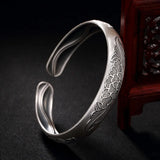 S999 Sterling Silver Vintage Cuff  Bangles for Women Peony Flower Opening Sterling Silver Female Bracelet Jewelry