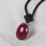 Genuine Solid 925 Silver Vintage Simulated Red Ruby Pendant Women Necklace Sandalwood Rope Braided Female Necklace Jewelry