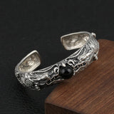 S925 Sterling Silver  Bracelet for Men Retro Punk Style Inlaid Agate Dragon Men's Open Bracelet Thai Silver Jewelry