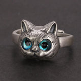 Genuine 925 Sterling Silver Cat Head Ring Ladies Girl Lovers Retro Animal Adjustable Ring Jewelry Gift