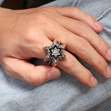 S925 Sterling Silver Vintage Thai Silver Ring for Men Hexagram Star Pattern Retro Punk Rock Style Exaggerated Big Ring