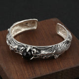 S925 Sterling Silver  Bracelet for Men Retro Punk Style Inlaid Agate Dragon Men's Open Bracelet Thai Silver Jewelry