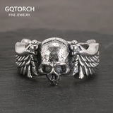 Sterling Silver 925 Punk Hip Hop Style Jewelry Ring Personality Wing and Skull Shape Opening Resizable Ring Valentine's Day Gift