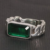 Genuine 925 Sterling Silver Men's and Women's Rings Green Crystal Inlaid Braided Vintage Rings Adjustable Size Jewelry