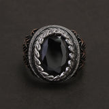 925 Sterling Silver Cut Black Onyx Signet Ring for Men Wheat Engraved Oval Shaped Vintage Turkish Rings Male Jewelry Gift