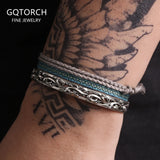 3pcs/set 925 Sterling Silver Ethnic Style Open Cuff Bangle Vine Flower Pattern Evil Eyes Braided Rope Bracelet Stackable Jewelry