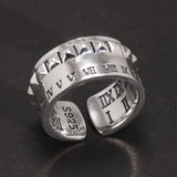 925 Sterling Silver Roman Numerals Ring Rivet Design Adjustable Size 7-10 for Men and Women Retro Punk Rock Jewelry