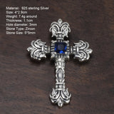 Real 925 Sterling Silver Catholic Cross Pendant With Blue Zircon Stone Inlaid Vintage Men Ladies Religious Jewelry