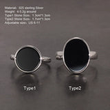 Real 925 Sterling Silver Ring Simple Round Ring Turkish Black Onyx Shell Minimalist Adjustable Jewelry for Men and Women