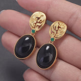 Vintage 925 Sterling Silver Onyx Drop Earrings for Women 18k Gold Plated Luxury Elegant Party Jewelry Gift for Ladies
