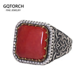 Natural Red Green Jade Ring 925 Silver for Men and Women Antique Flower Pattern Square Shape Signet Fine Jewelry