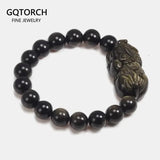 Natural Obsidian Three Coins Pi Yao Beaded Bracelet For Men And Women Gold Color Lucky Brave Troops Chinese Traditional Bracelet - GQTORCH Jewelry