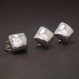 S925 Sterling Silver Hammered Square Statement Ring Earrings for Women Fashion Large Exaggerated Jewelry Set