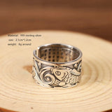 999 Pure Silver Jewelry Original Design Koi Fish Pattern Open Ring for Men Male Fashion Free Size Buddhistic Heart Sutra Rings