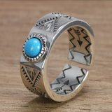 Retro S925 Sterling Silver Inlaid Turquoise Ring Indian Style Simple Adjustable Fine Jewelry for Men and Women