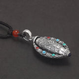 999 Pure Silver Six Words Mantra Pendant Necklace Natural Stone Rotating Prayer Wheel Om Mani Padme Hum Tibetan Buddhist Jewelry
