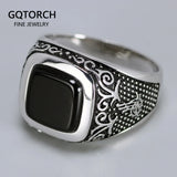 Vintage Punk Silver 925 Jewelry Square Black Stone Rings For Men Engraved Retro Flowers Turkish Signet Man Rings