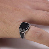 Genuine Solid 925 Sterling Silver Turkish Rings For Men Black Band With Stone Square Natural Onyx Vintage Male Jewelry Anelli