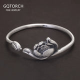 999 Pure Silver Lotus Open Ring Cuff Bangle Bracelet Jewelry Set for Women Vintage Style Buddhist Jewelry Gift for Mom Lady