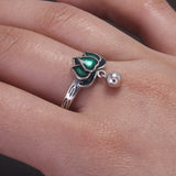 925 Sterling Silver Green Lotus Ring Earrings with Dangle Bead Enameled Women's Vintage Fashion Elegant Jewelry Set