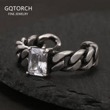 925 Sterling Silver Twisted Braided Ring with White Zircon Shining Square Shaped Thai Silver Color Retro Vintage Fashion Jewelry
