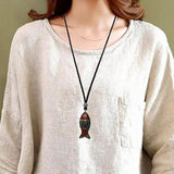 Handmade Fish Pendant Necklace Adjustable Long Sweater Chain Ethnic Original Design Shift Lucky Amulets And Talismans - GQTORCH Jewelry