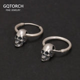 Real 925 Sterling Silver Skull Earrings Retro Antique Hook Shape Gothic Vintage Jewelry for Men and Women