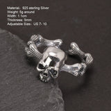 Gothic Skull Rings 925 Sterling Silver Punk Rock Band For Men and Women Adjustable Size 7-10 Fine Jewelry Gift