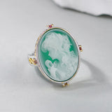 S925 Sterling Silver Natural Gemstone Jewelry Green Onyx Goddess Cameo Ring Gold Color Oval Statement Rings for Ladies
