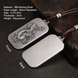 Sterling Silver 999 Dragon Pendant Necklace with Adjustable Wax Rope 60cm for Men and Women Vintage Punk Zodiac Jewelry