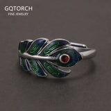 925 Sterling Silver Peacock Feather Ring Earrings for Women Green Color Enameling Vintage Fashion Jewelry Set