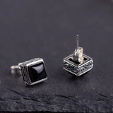 S925 Sterling Silver Vintage Craft Black Agatestud Earrings Women Simple Square Zircon Earrings Thai Silver Jewelry