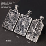 999 Sterling Silver Men's Vintage Auspicious Cloud Square Pendant Carved Dragon and Phoenix Vintage Punk Rock Lucky  Jewelry