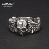 Sterling Silver 925 Punk Hip Hop Style Jewelry Ring Personality Wing and Skull Shape Opening Resizable Ring Valentine's Day Gift