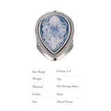 Genuine 925 Sterling Silver Blue Agate Medusa Cameo Ring for Women White Shell Statement Ring Vintage Fashion Party Jewelry