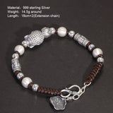 Real 999 Pure Silver Lucky Buddha Handwoven Bracelet for Men and Women Adjustable Lotus Beads Religious Jewelry