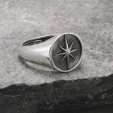 Solid 925 Sterling Silver Eight Point Star Signet Ring for Men Octagram Open Ring Adjustable Punk Retro Antiqued Biker Jewelry