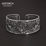 Women's Bangle Silver 999 Hollow Flower Open Cuffs Exaggerated Wide Large Rose Bracelet Retro Jewelry