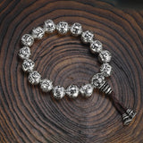 Genuine 990 Silver Buddhist Bracelet Men's Rosary Beads Engraved with Six Words Om Mani Padme Hum Prayer Bungee