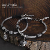 Real 999 Silver Men's and Women's Lucky Cat Lucky Woven Bracelet Leather Rope Adjustable Bracelet Lotus Fashion Animal Jewelry