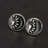 Real 925 Sterling Silver Sun God Moon Men Women Round Stud Earrings Vintage Punk Jewelry Best Gift