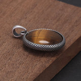 925 Sterling Silver Antiqued Retro Natural Stone Pendant for Men Women Round Shaped Tiger Eye Black Onyx Turquoise Labradorite