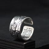 Real 990 Pure Silver Mens Biker Rings With Elephant Engraved Vintage Punk Style Heart Sutra Engraved Buddhism Animal Jewelry