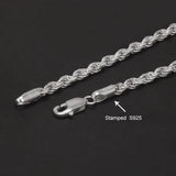 3.3mm 925 Sterling Silver Classic Twist Rope Chain Link Bracelet Unisex Diamond-Cut Braided Rope Bracelet Fashion Jewelry