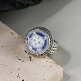 925 Sterling Silver Blue Agate Cameo Cat Ring for Women Round Cute Statement Ring Fashion Delicate Party Jewelry Gift