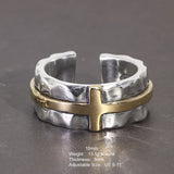 S925 Sterling Silver Thai Silver Ring Vintage Men's and Women's Wide Cross Ring Opening Adjustable Jewelry