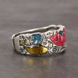 Sterling Silver S925 Women's Enamel Carp Lotus Ring Antique Hollowed Out National Style Jewelry