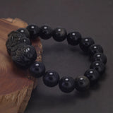 Natural Gold Obsidian Beaded Bracelet with Pixiu Feng Shui Goold Luck Wealth Amulet Fashion Vintage Jewelry for Men and Women